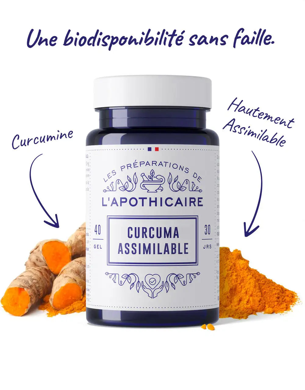 Formule curcuma de face avec ingrédients et slogan