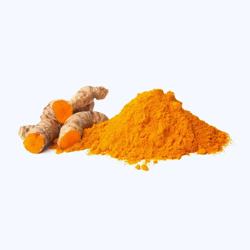 tas de poudre de curcuma et petites racines