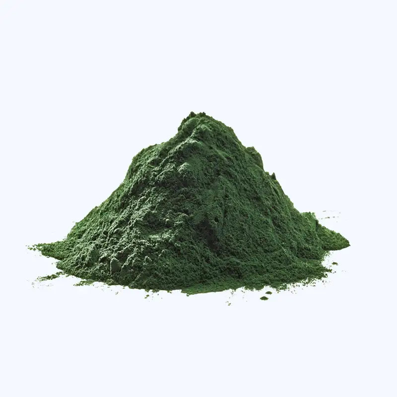 spiruline en poudre verte sur fond blanc